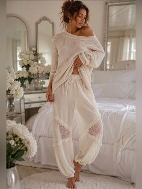 NWT Lyrebird by Anthropology Sheer Lace-Trim Balloon Lounge Pants in Eggnog